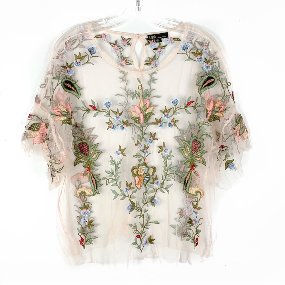 Dalia Blush Pink Mesh Floral Embroidered Sheer Top - Picture 3 of 8